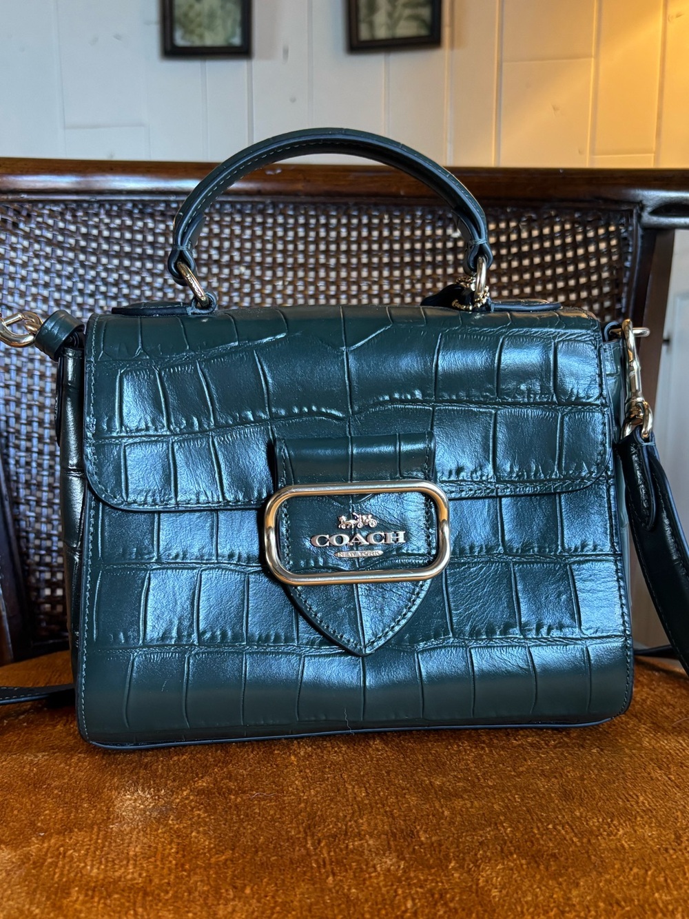 Coach Morgan Top Handle Satchel Croc Embossed Leather Green Crossbody Bag